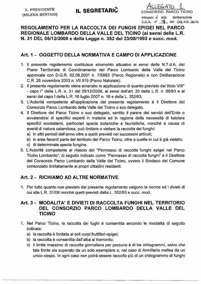 regolamento  raccolta funghi  regione lombardia nel parco del ticino