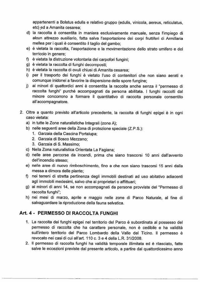 regolamento  raccolta funghi  regione lombardia nel parco del ticino