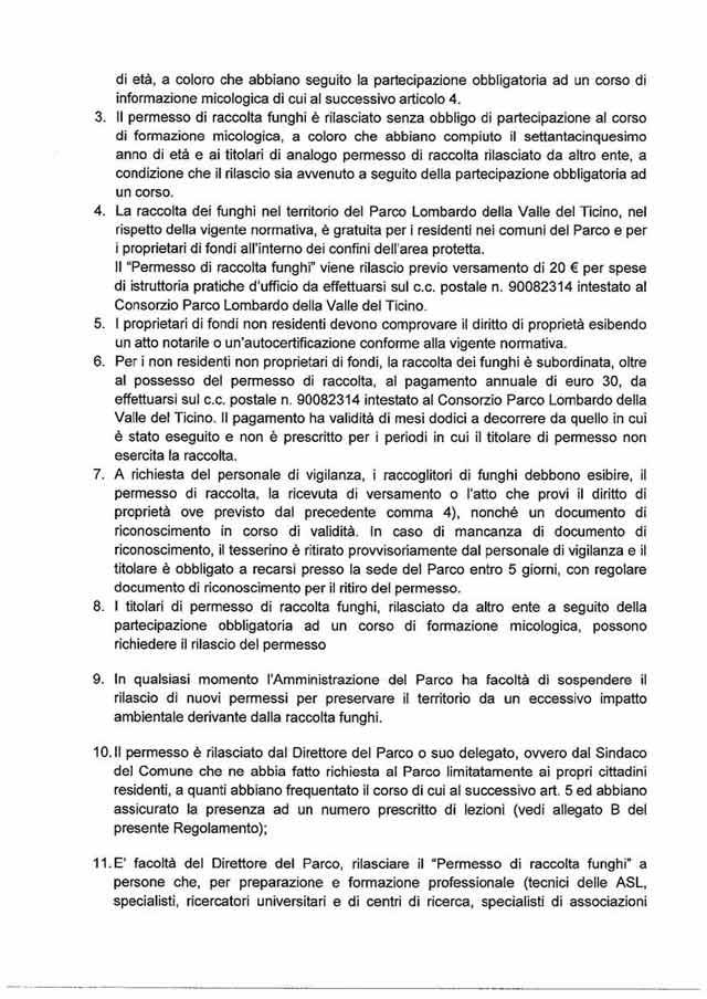 regolamento  raccolta funghi  regione lombardia nel parco del ticino