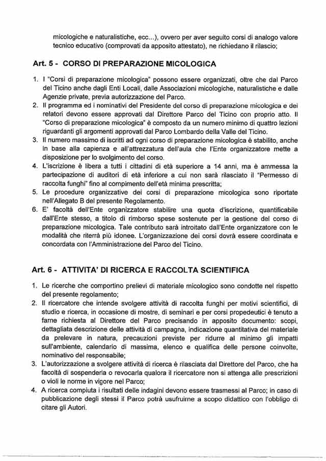 regolamento  raccolta funghi  regione lombardia nel parco del ticino