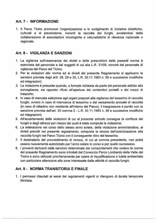 regolamento  raccolta funghi  regione lombardia nel parco del ticino
